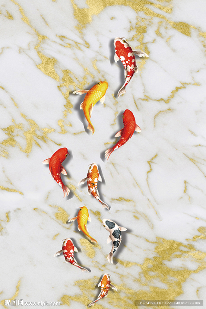 新中式九鱼图抽象线条客厅晶瓷画