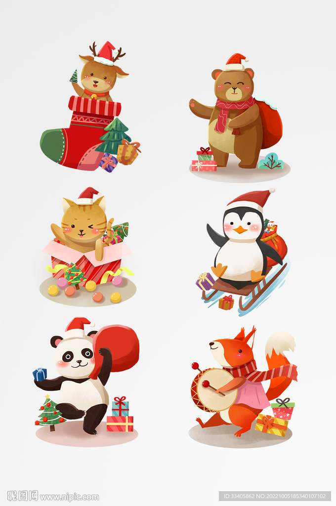 手绘圣诞节动物麋鹿熊猫企鹅松鼠