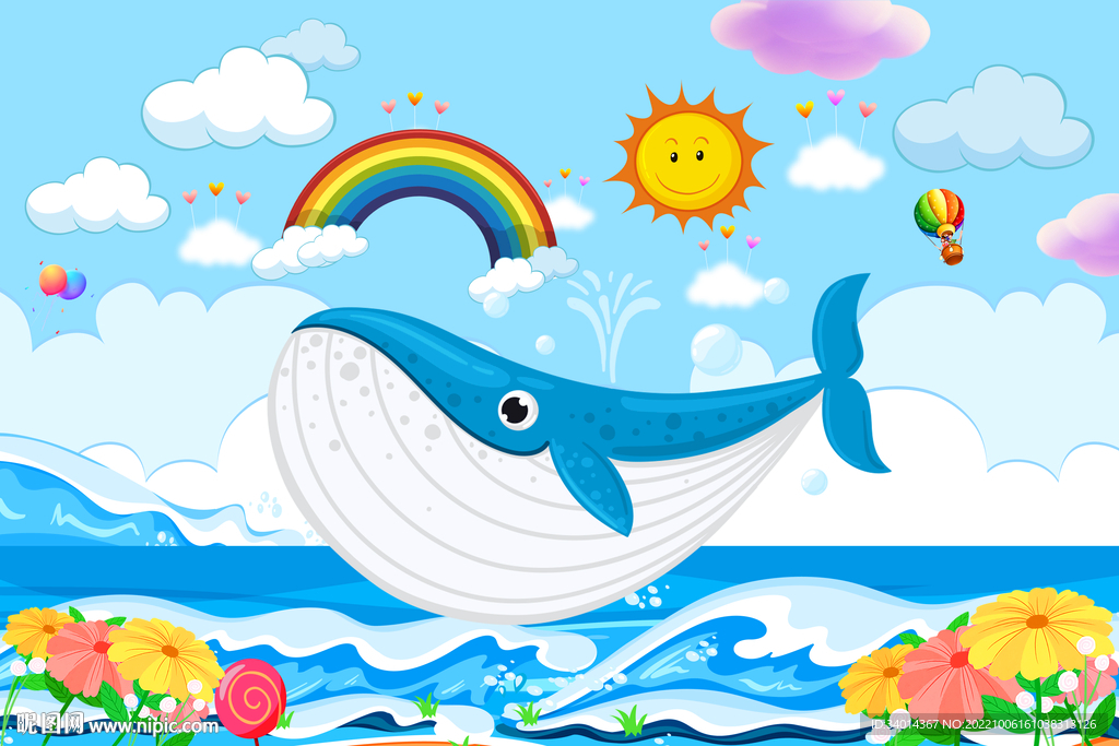 卡通儿童房鲸鱼背景墙