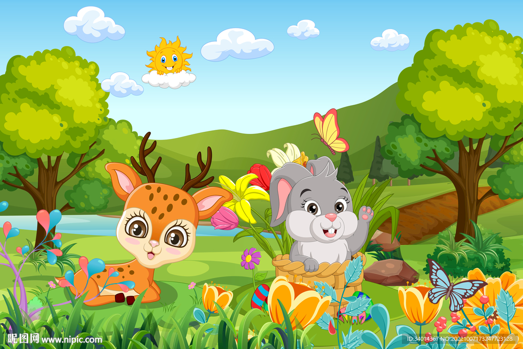 森林卡通动物儿童房背景