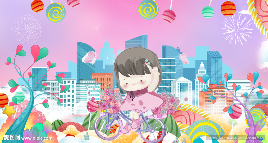 小女孩粉红色卡通背景墙