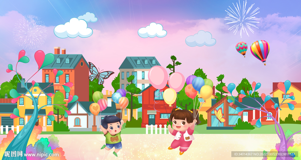 城市卡通儿童房背景墙