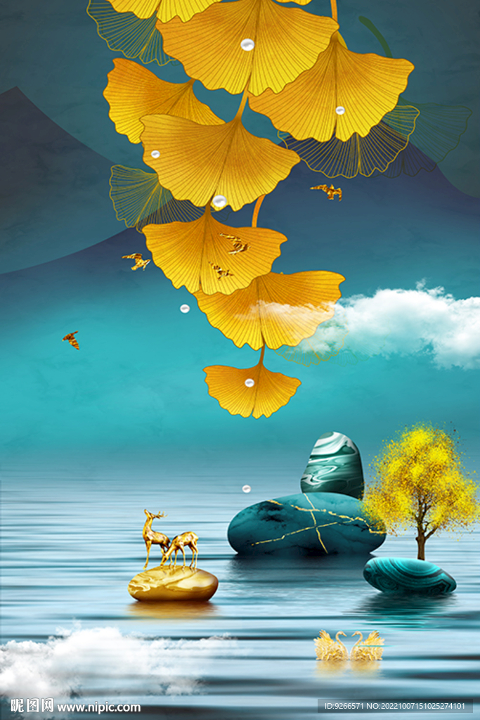 中式石来运转轻奢麋鹿抽象装饰画