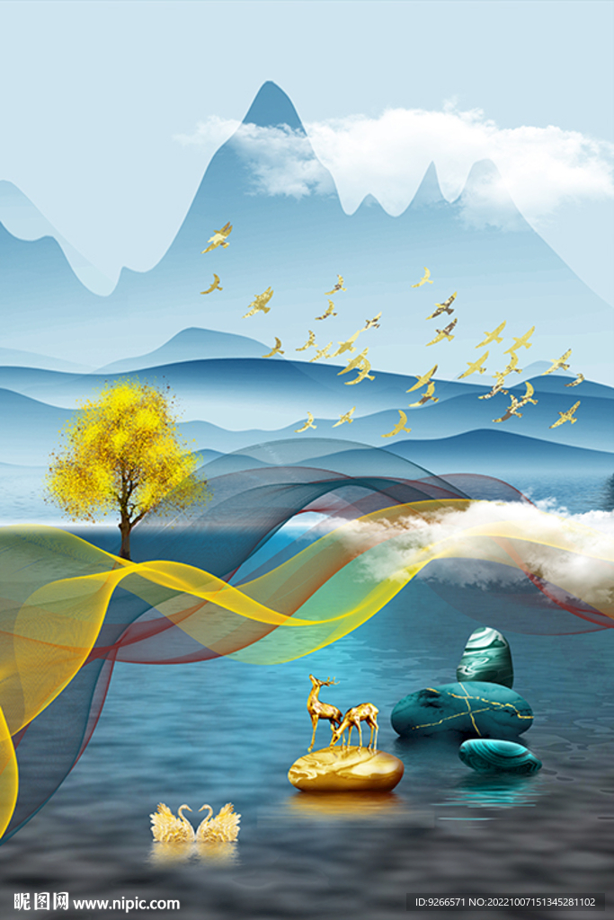 中式石来运转轻奢麋鹿抽象装饰画