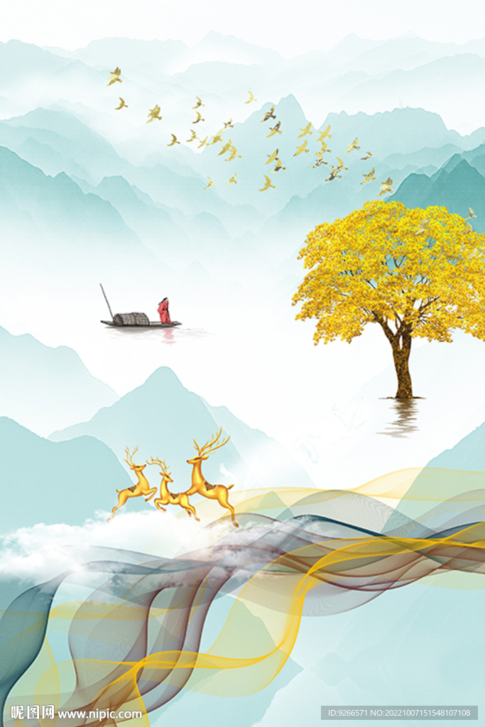 中式石来运转轻奢麋鹿抽象装饰画