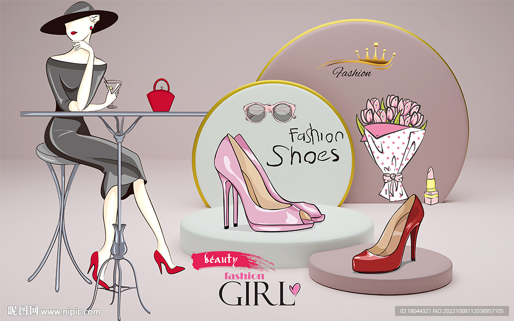 立体展示高跟鞋美女工装背景墙