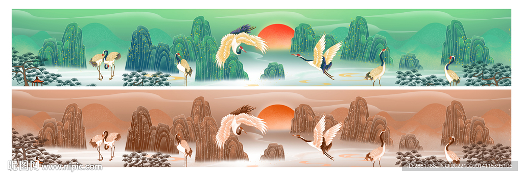 国潮风山水复古插图墙绘装饰画