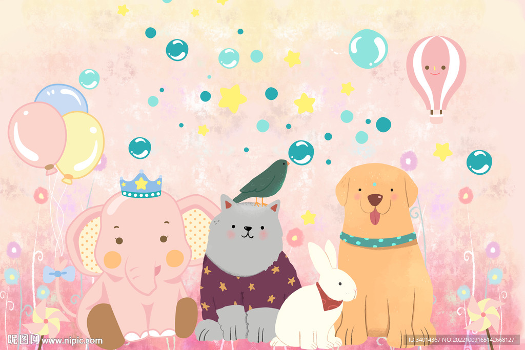 儿童房卡通动物背景墙