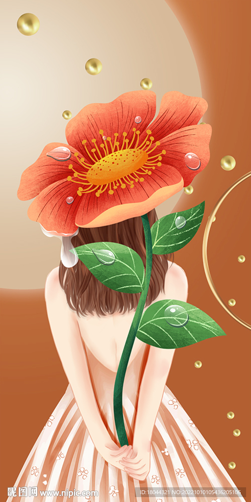现代简约女孩花朵爱马仕橙装饰画
