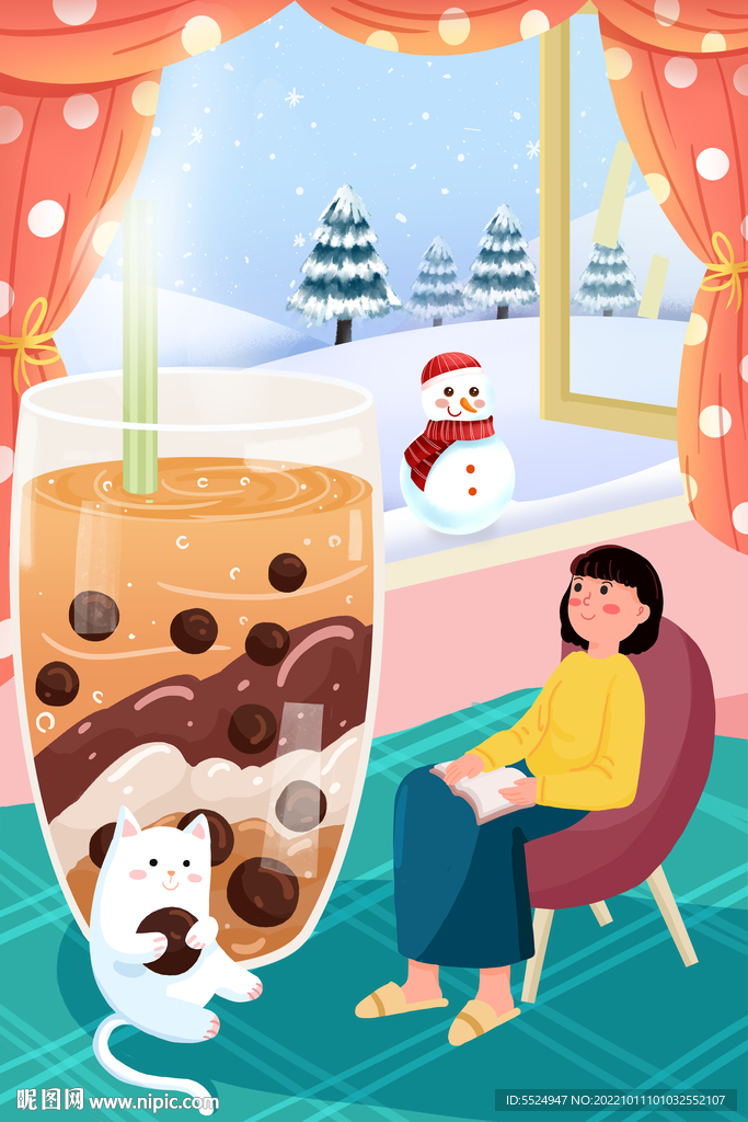 冬季奶茶人物插画