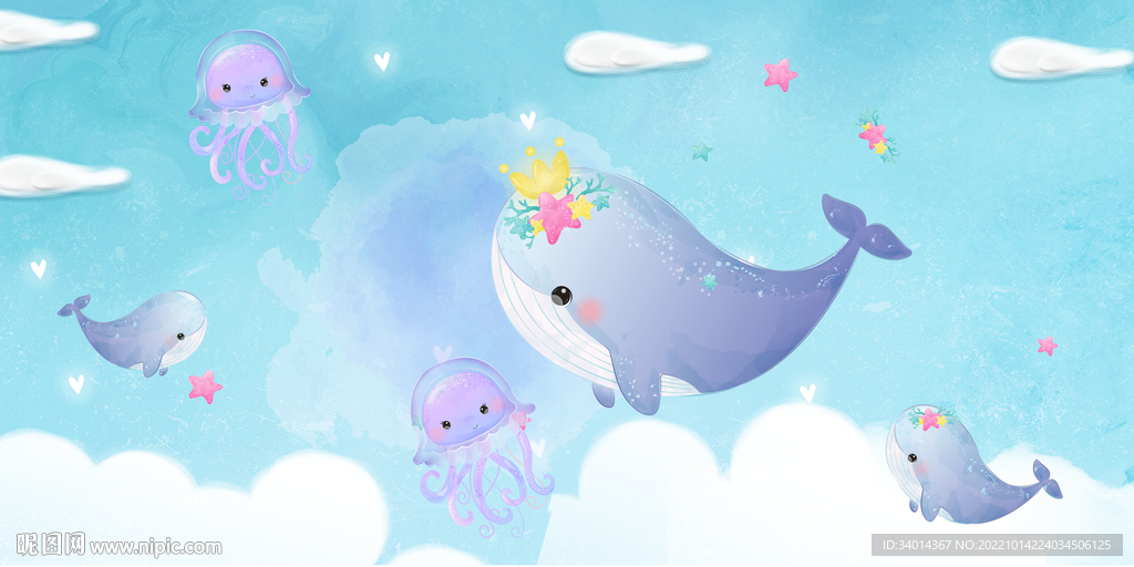 卡通鲸鱼背景墙画