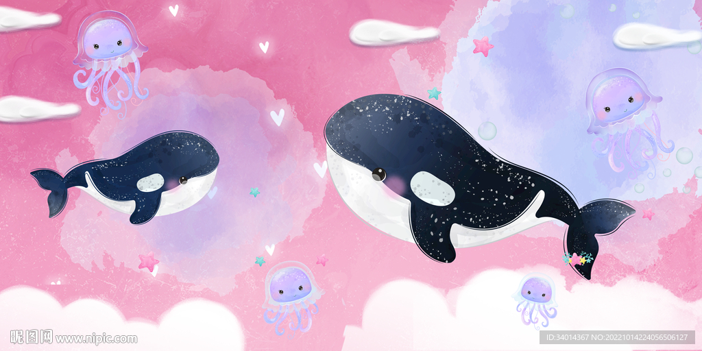 鲸鱼儿童房卡通背景墙