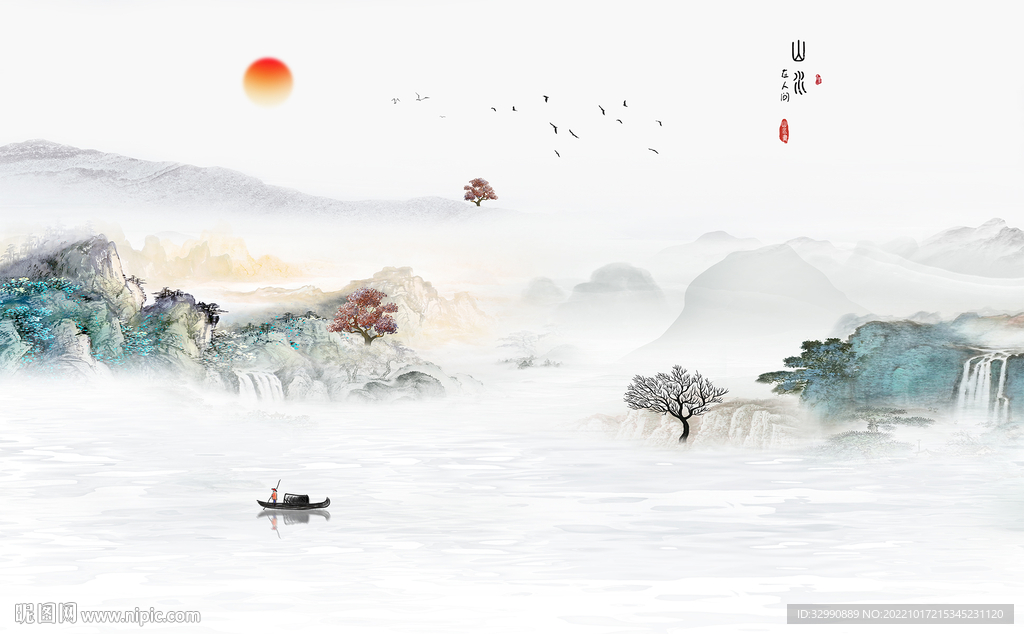 中式山水画背景墙 TIf分层