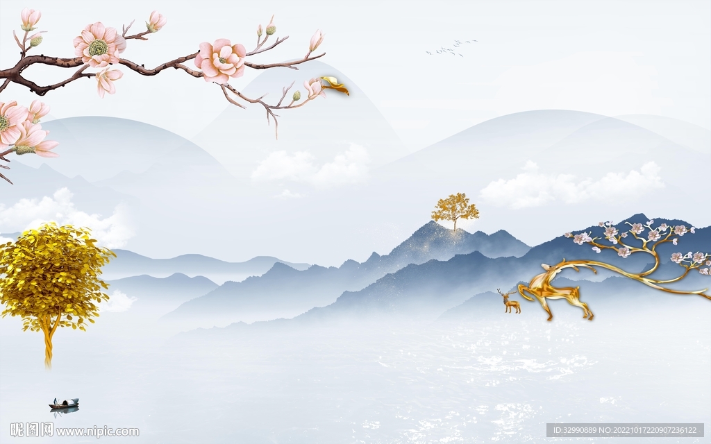 高清山水画背景墙 TIf分层