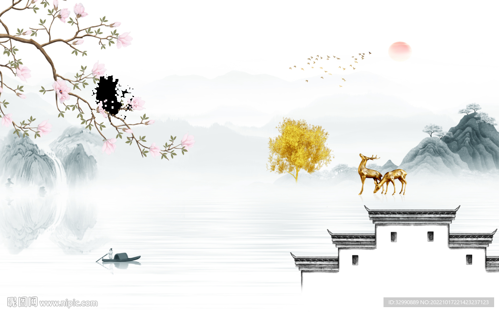 大气山水画背景墙 TIf分层