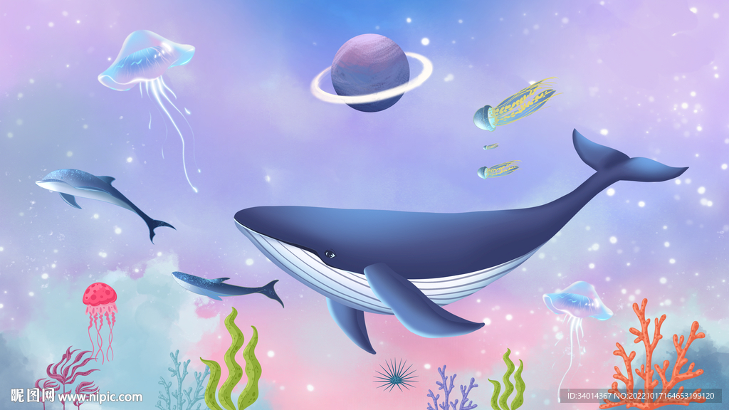 卡通鲸鱼背景墙画