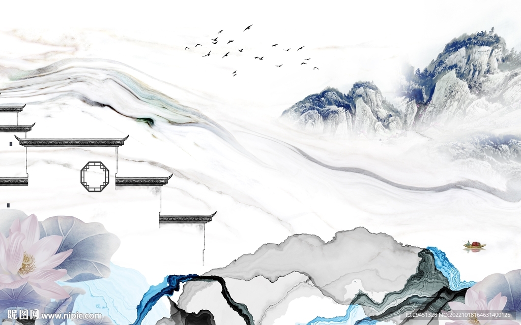 别墅最新山水墙画 Tif分层