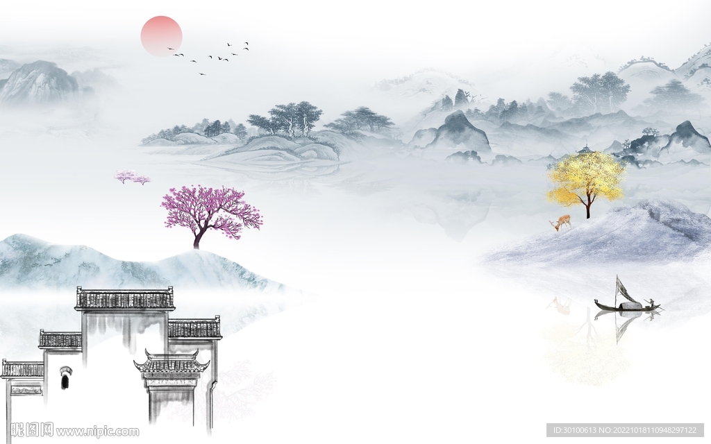 爆款意境山水墙画 Tif分层