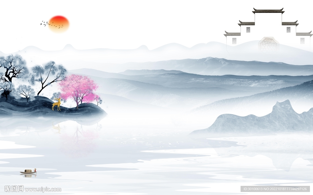 新款意境山水墙画 Tif分层