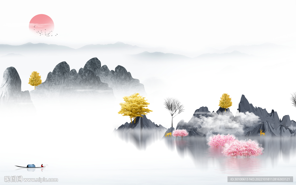 大气意境山水墙画 Tif分层