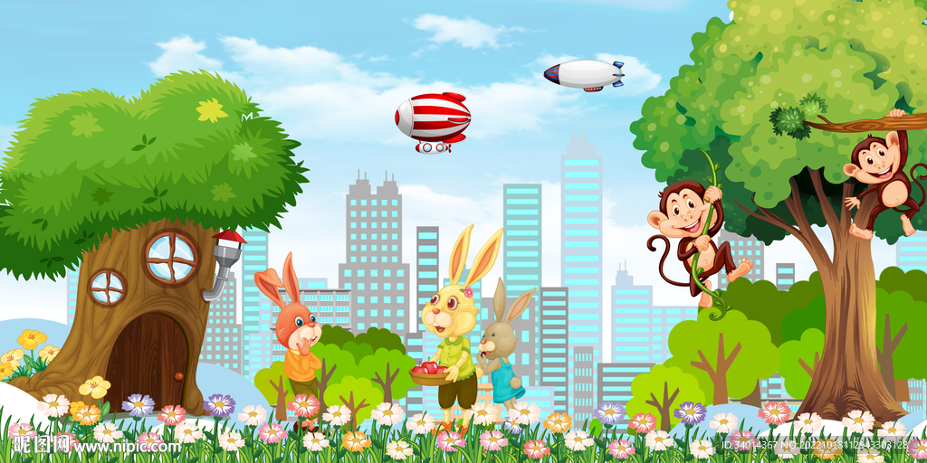 卡通兔子猴子背景墙画