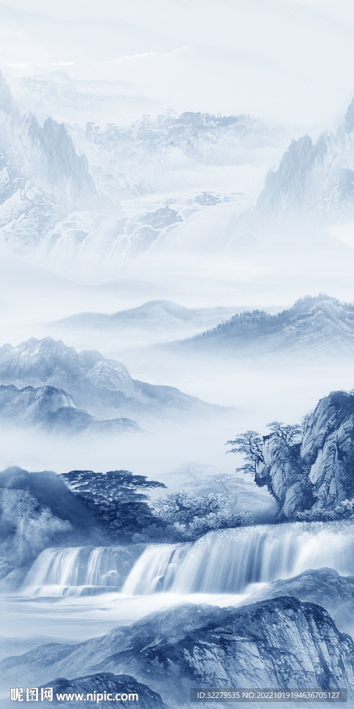 蓝色山水新玄关画 Tif分层