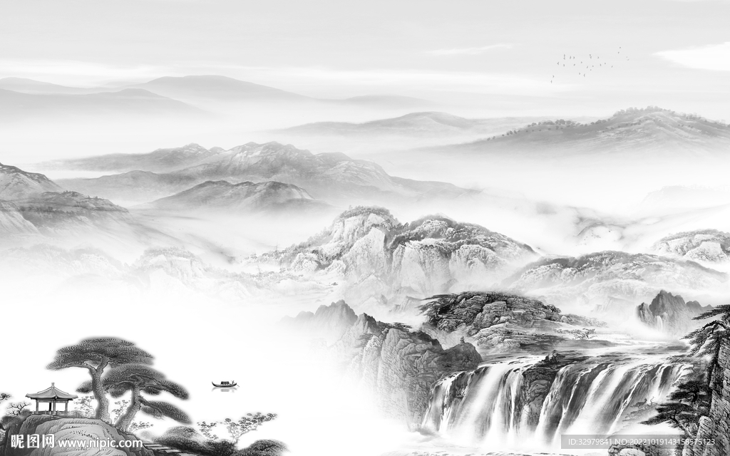 灰色中式山水框画 Tif分层