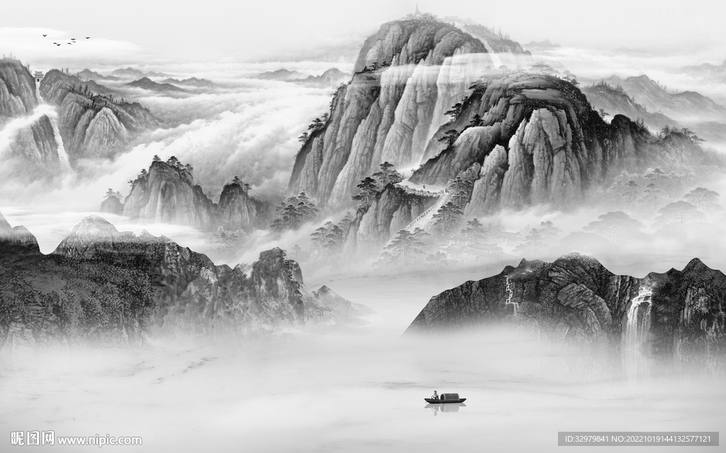 新品中式山水框画 Tif分层