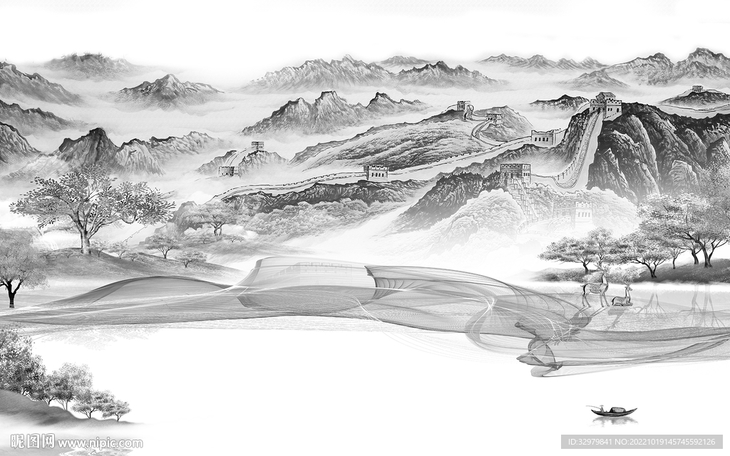 爆款 中式山水框画 Tif分层