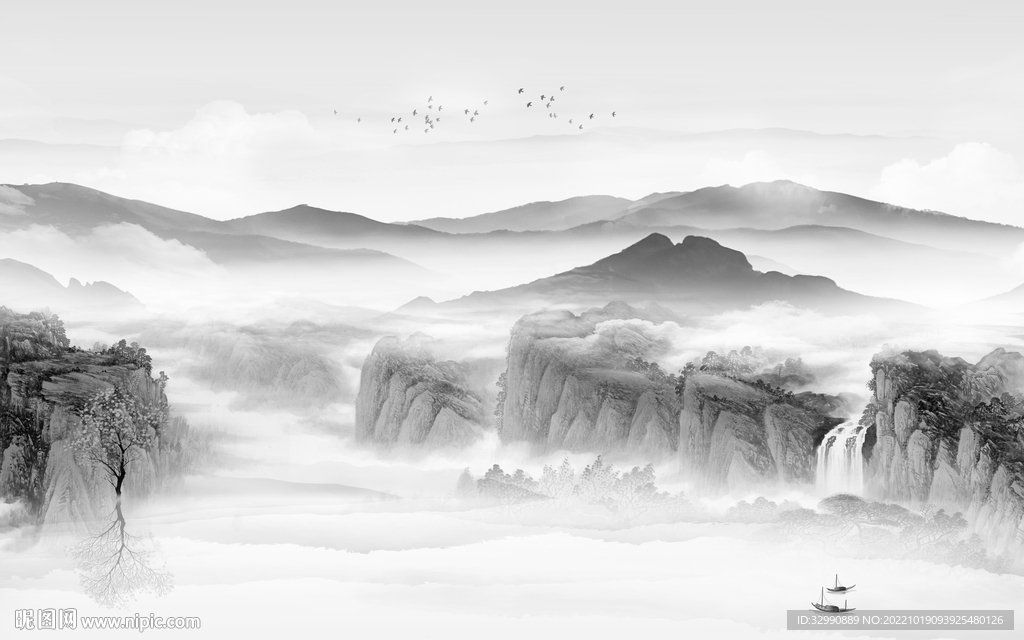 高清灰色大气山水 tif分层