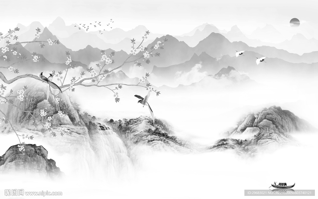 无框画高雅灰山水画 Tif分层