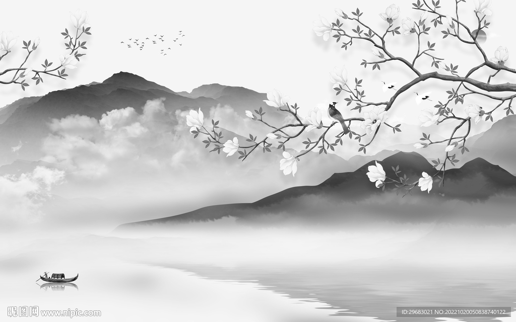 花鸟灰色新款山水 tif分层