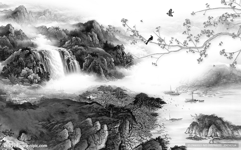 大堂高雅灰山水画 Tif分层