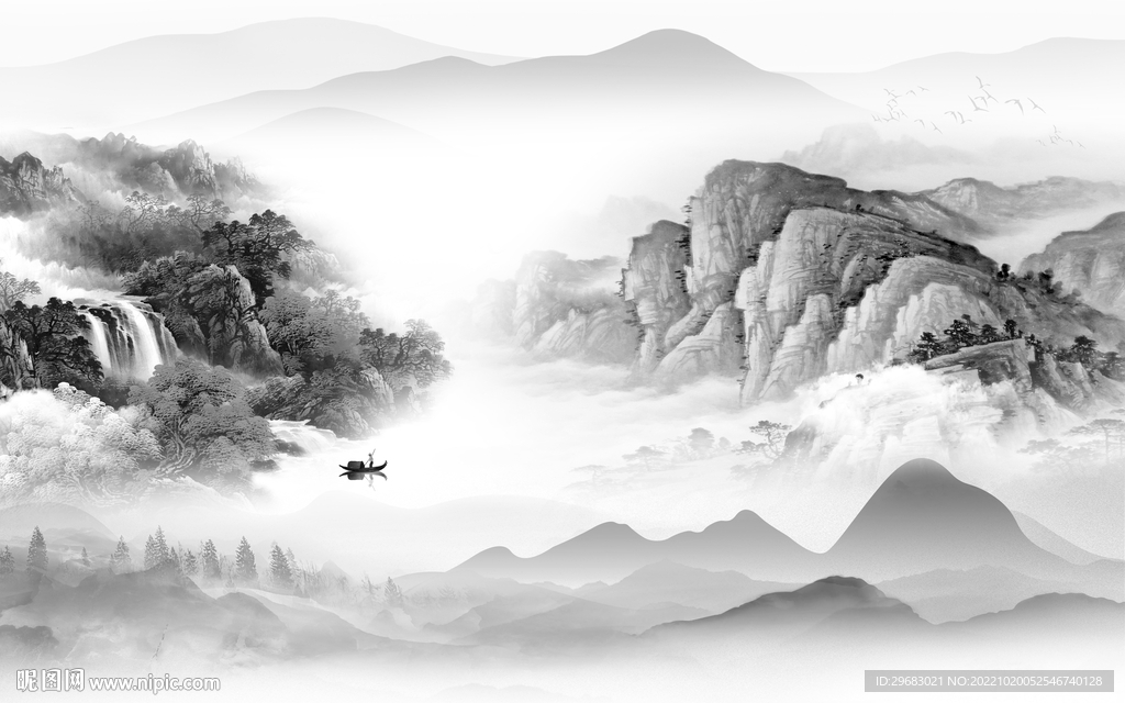 别墅高雅灰山水画 Tif分层