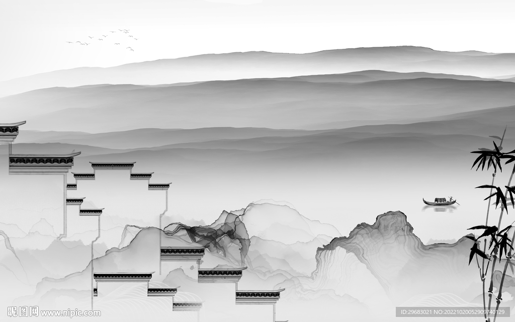 徽派高雅灰山水画 Tif分层