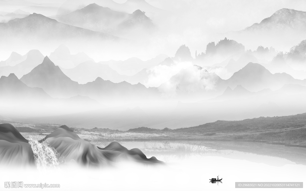 爆款高雅灰山水画 Tif分层