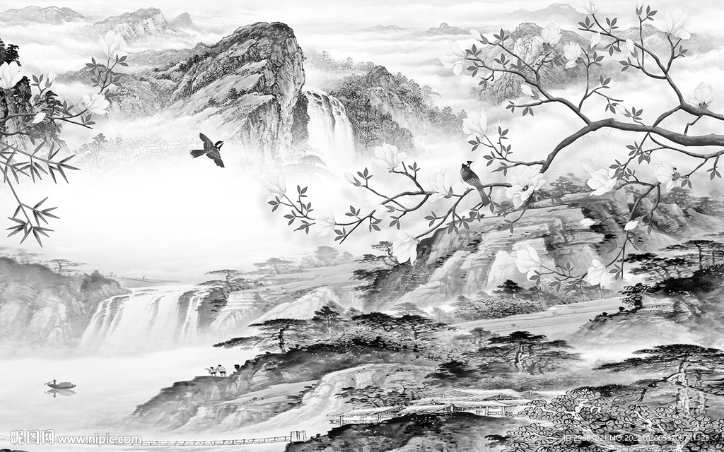 中国风高雅灰山水画 Tif分层