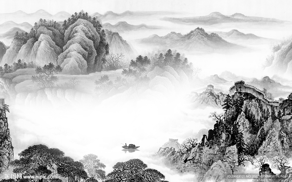 新中式高雅灰山水画 Tif分层