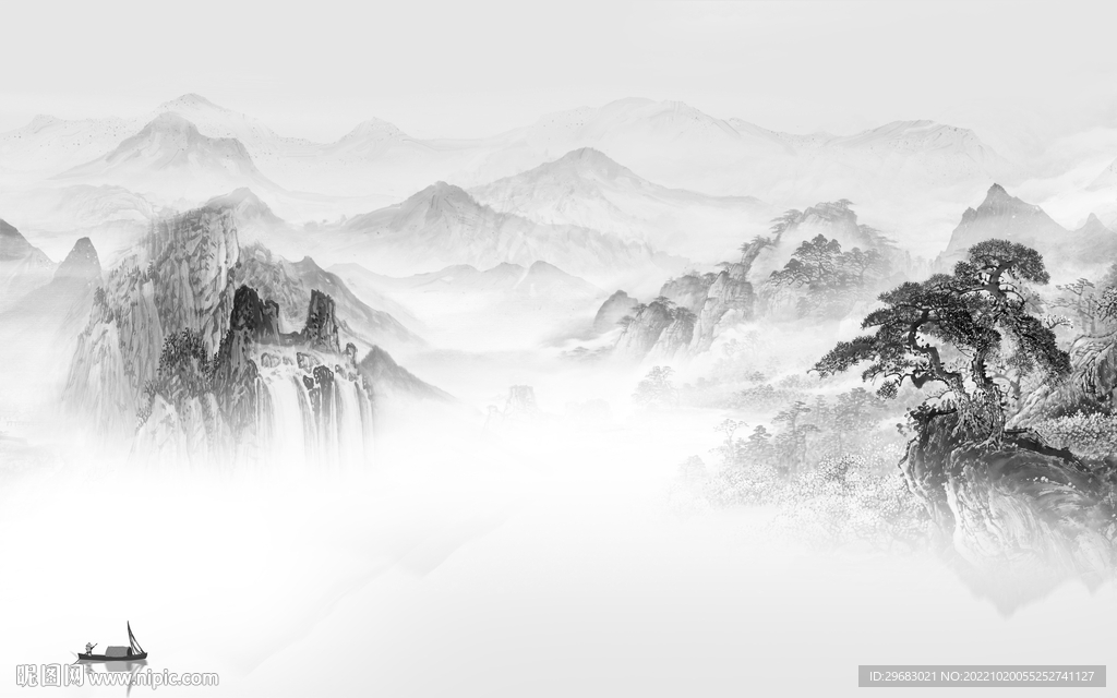 中式高雅灰山水画 Tif分层