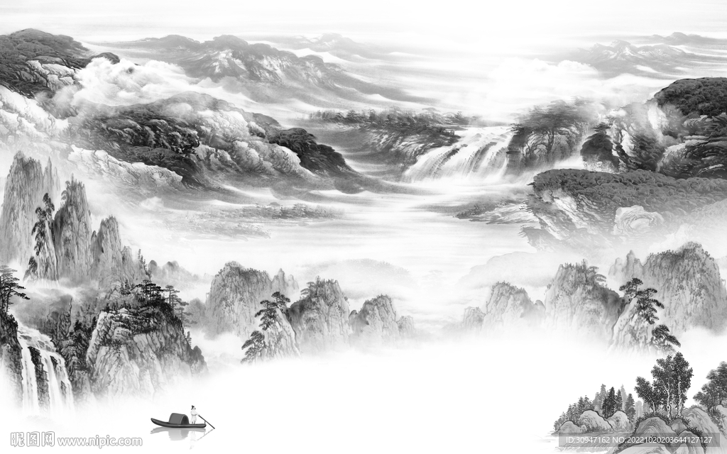 新品 灰色风山水画 Tif分层