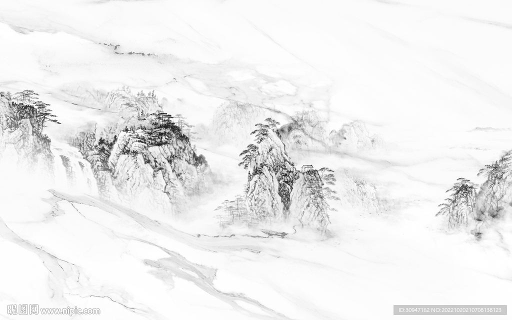 别墅 灰色风山水画 Tif分层