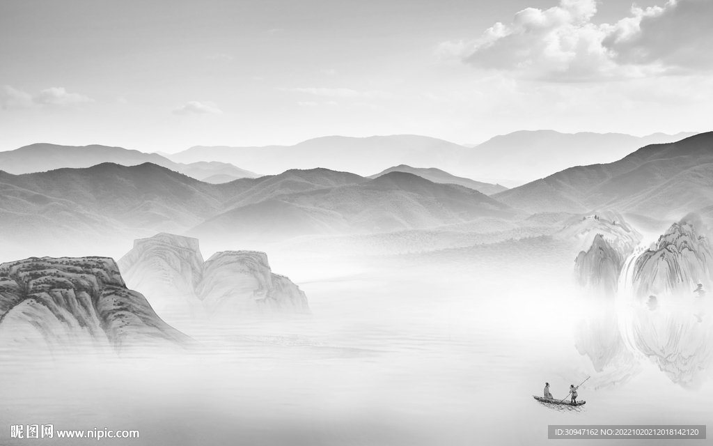 最新 灰色风山水画 Tif分层