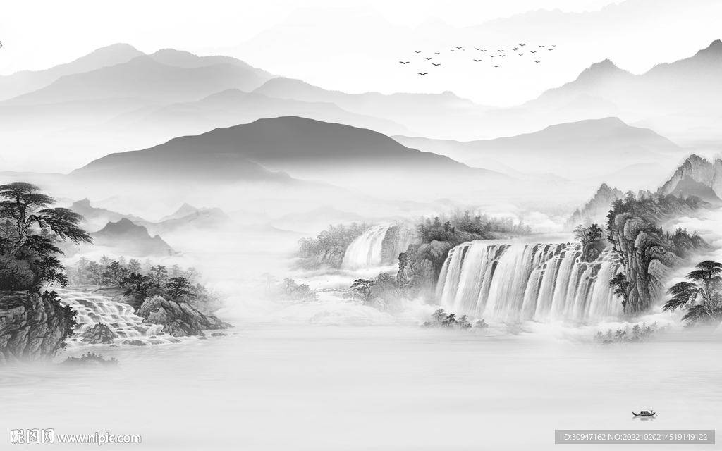 简约灰色风山水画 Tif分层