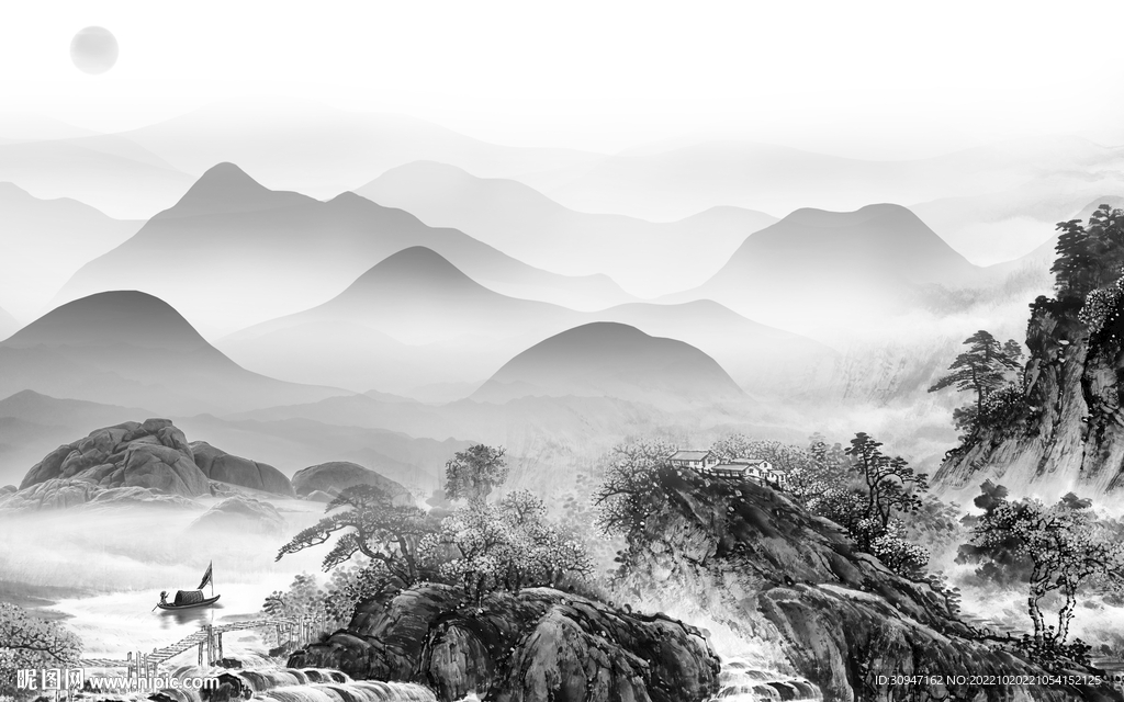 高清 灰色风山水画 Tif分层