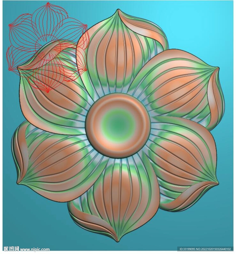 圆形洋花莲花藏式挂花精雕图灰度