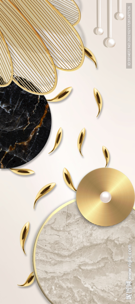 轻奢装饰画 金鱼 大理石纹叶子