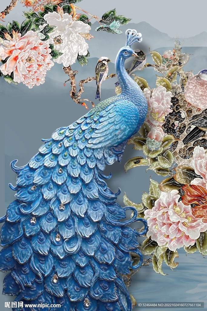 立体玉雕孔雀牡丹