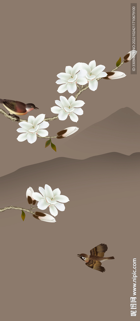 高清分层玉兰花鸟屏风打印图