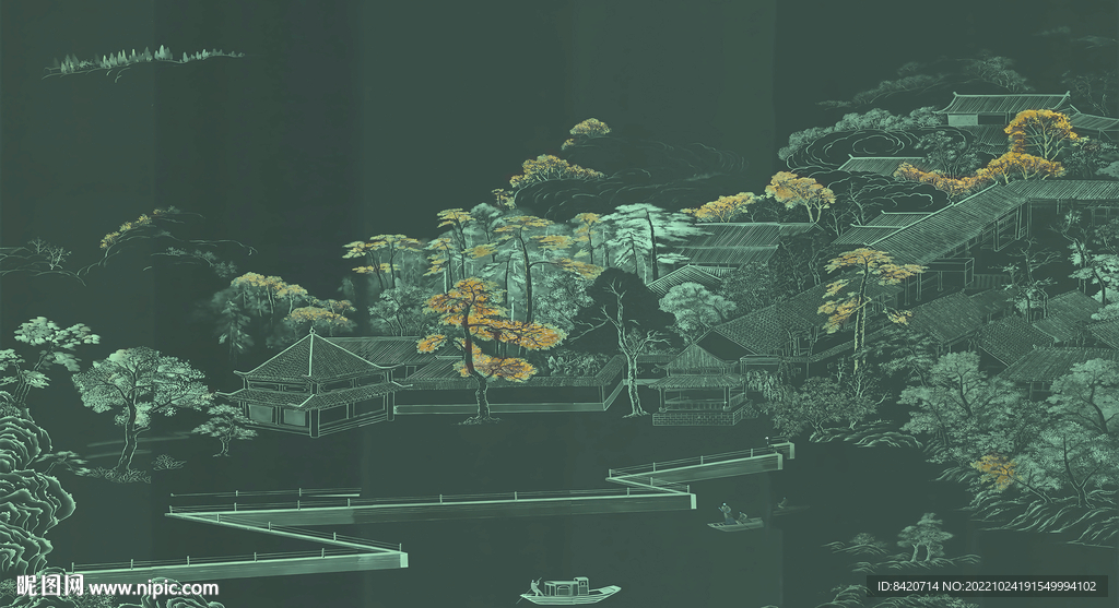 高清新中式山水墙布 装饰画