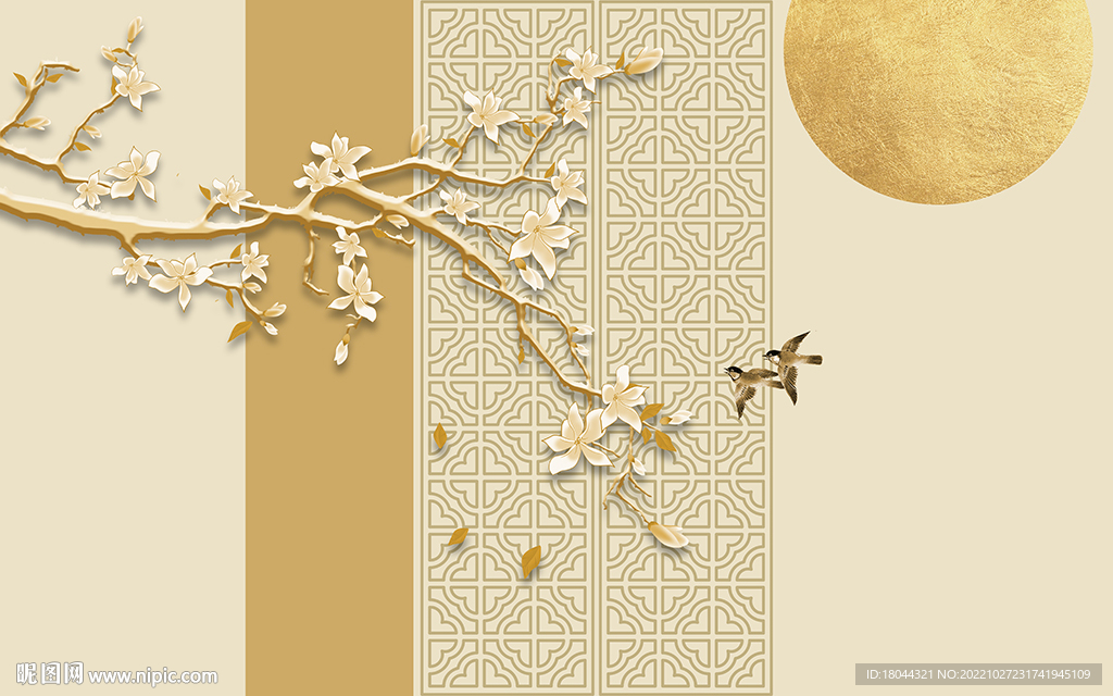 轻奢玉兰花新中式边框电视背景墙